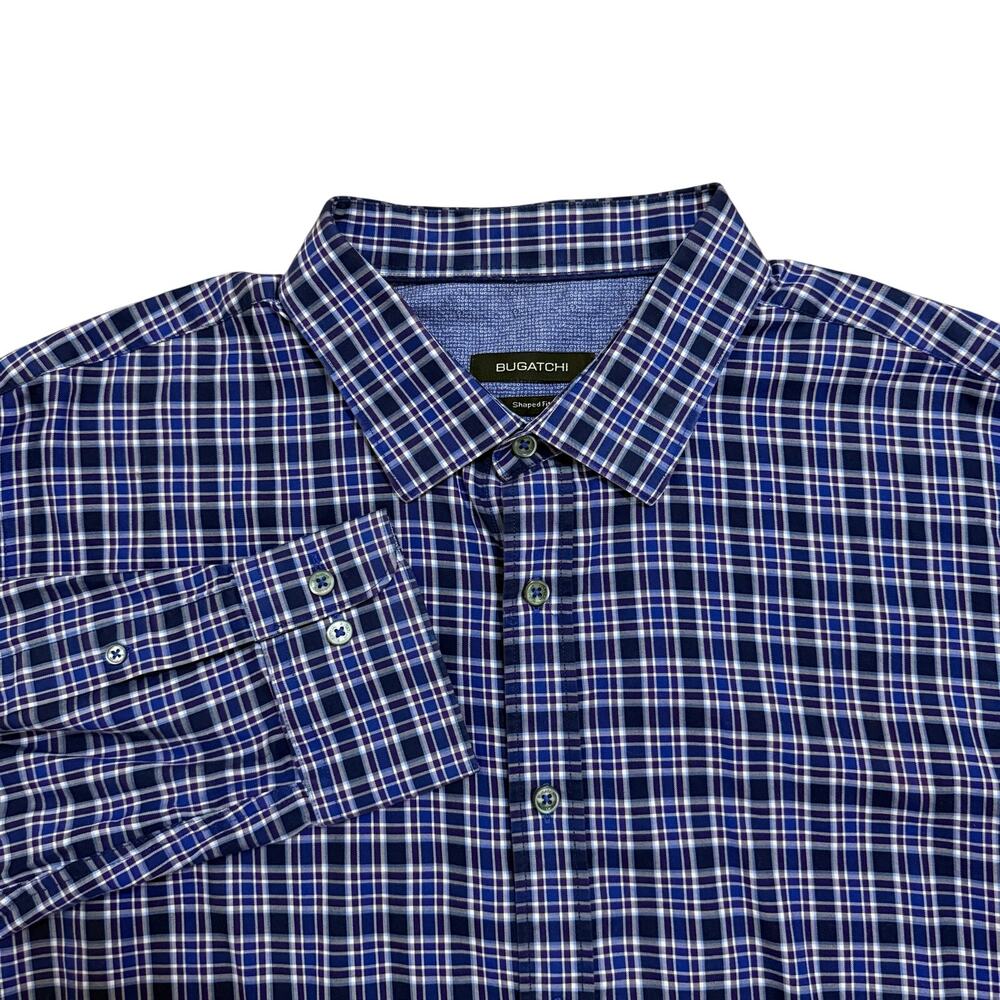 Bugatchi Shaped Fit Long Sleeve Button Down Shirt Blue Black White Plaid XXL